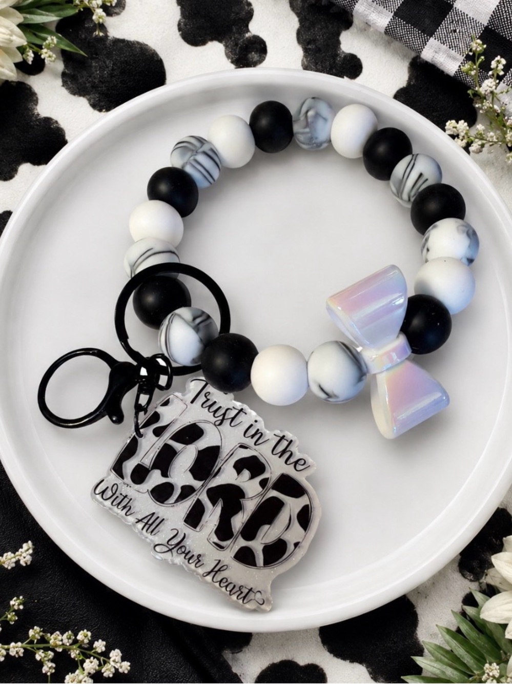 Hand Crafted Black and White Beaded Wristlet Keychain with Iridescent Bow